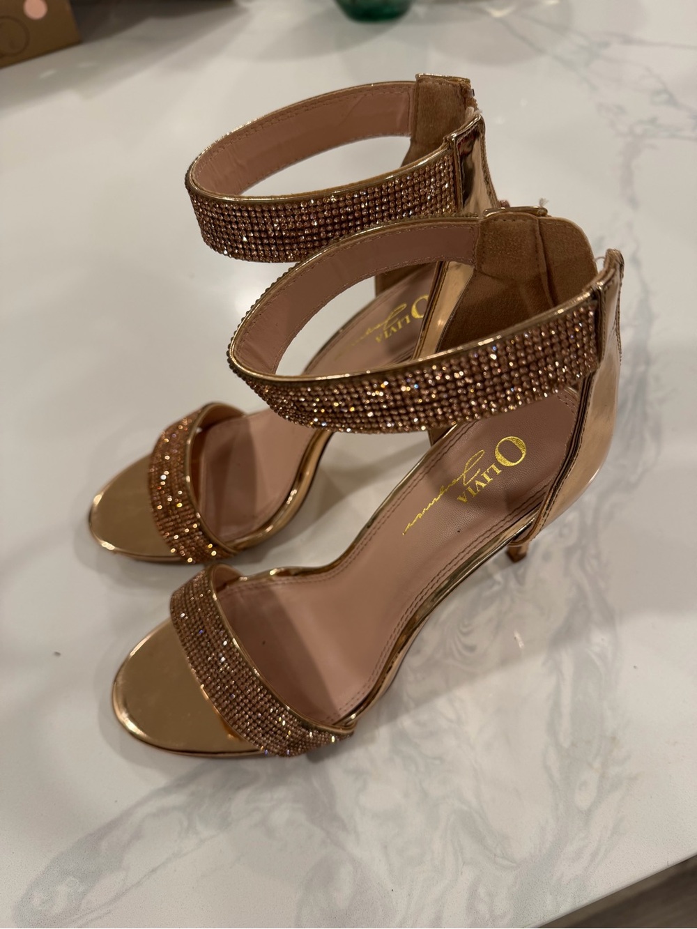 Olivia Miller metallic rose gold crystal-strap dress heels